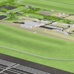 cartoon graphic of a building surrounded by fields and a strip of grey landing strip