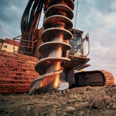 Corkscrew drill drilling into the ground attached to a digger in the background 